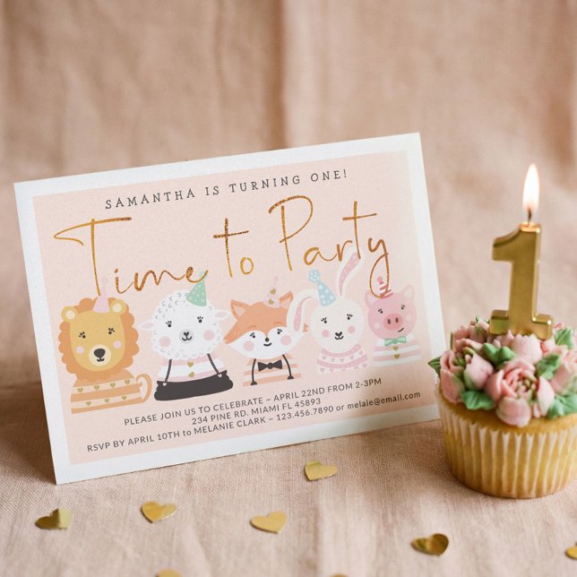 Invitación Fun lindo bebé Fiesta animales Cumpleaños (Cute Party Animals Baby First 1st Birthday Party Invitation)
