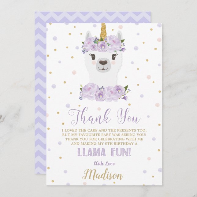 Invitación Fun Llama Fun cumpleaños Purple Floral Gracias (Anverso / Reverso)