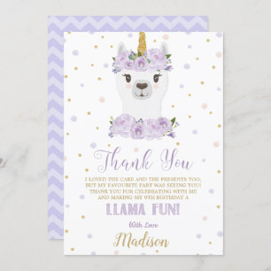 Invitación Fun Llama Fun cumpleaños Purple Floral Gracias
