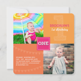 Invitación Fun Modern Square ONE Photo Baby Girl Primer cumpl