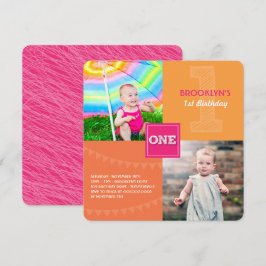 Invitación Fun Modern Square ONE Photo Baby Girl Primer cumpl