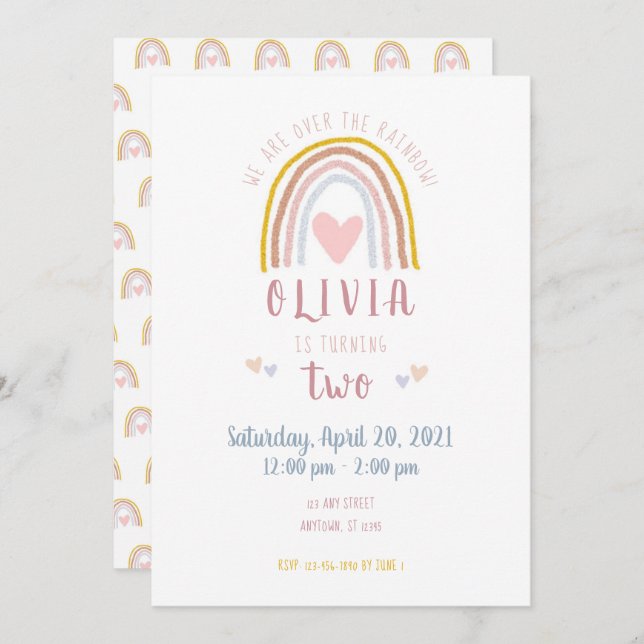 Invitación Fun moderno Boho Rainbow Heart Segundo cumpleaños (Anverso / Reverso)