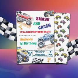 Invitación Fun Monster Trucks 1st Birthday Party Invitation