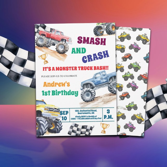 Invitación Fun Monster Trucks 1st Birthday Party Invitation (Subido por el creador)