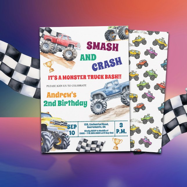 Invitación Fun Monster Trucks 2nd Birthday Party Invitation (Subido por el creador)