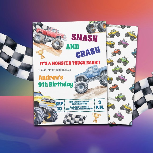Invitación Fun Monster Trucks 9th Birthday Party Invitation (Subido por el creador)