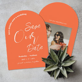 Invitación Fun Naranja moderno Boda de verano salva la fecha