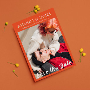 Invitación Fun Naranja Pareja Foto Script Guardar La Fecha