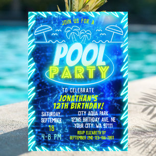 Invitación Fun Neon Glow Blue Green Pool Fiestas Boys Cumplea