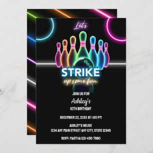Invitación Fun Neon Glow Noche Bowling Cumpleaños