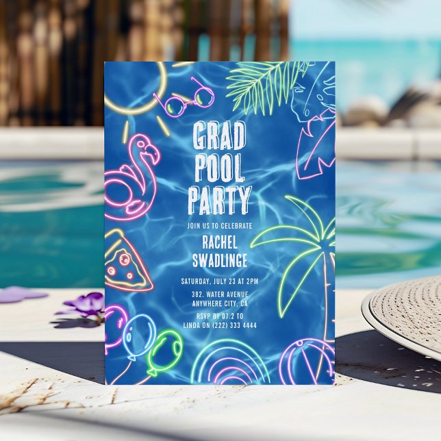 Invitación Fun Neon Graduation Pool Party  (Subido por el creador)