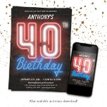 Invitación Fun Neon Retro 40 Fiesta de cumpleaños<br><div class="desc">Fun Neon Retro 40ª Invitación a la fiesta de cumpleaños. Un diseño divertido y retro de los años 80, con un diseño de invitación de cumpleaños de neón, con un fondo de pared de ladrillo de aspecto rústico. ¡El diseño es sencillo con un toque de humor y una foto de...</div>