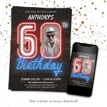 Invitación Fun Neon Retro 60. Fiesta de cumpleaños<br><div class="desc">Fun Neon Retro 60th Birthday Party Invitation. Un diseño divertido y retro de los años 80, con un diseño de invitación de cumpleaños de neón, con un fondo de pared de ladrillo de aspecto rústico. ¡El diseño es sencillo con un toque de humor y una foto de personalizable! Para ver...</div>
