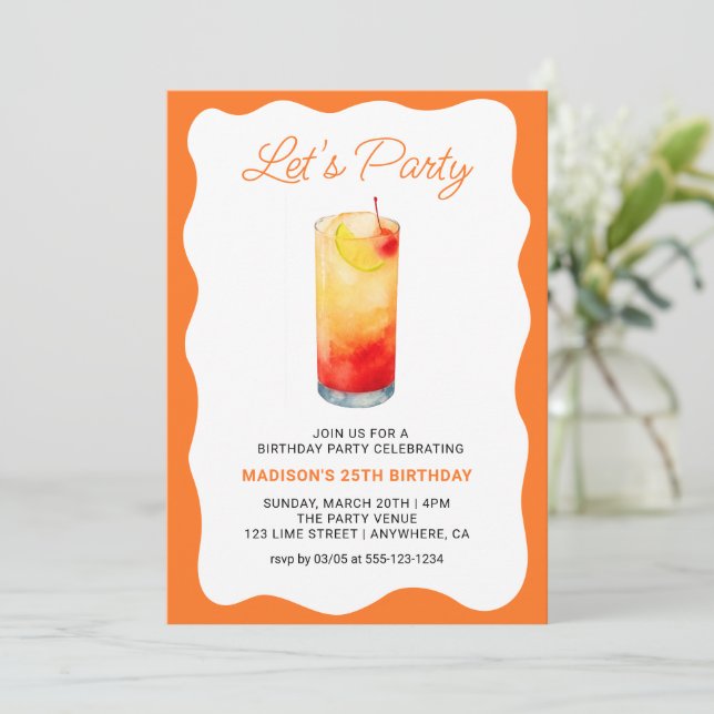 Invitación Fun Orange Chic Wavy Summer Cocktail Birthday (Anverso de pie)