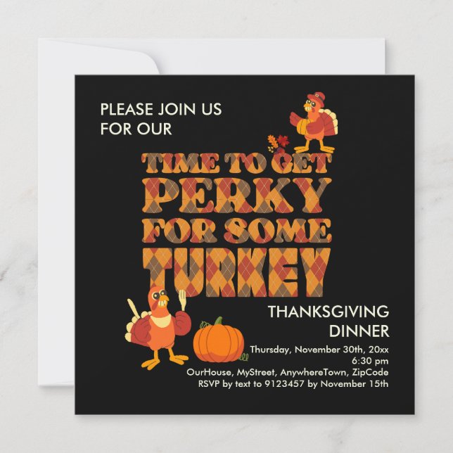 Invitación Fun PERKY PARA TURQUÍA Cena de Acción de Gracias N (Anverso)
