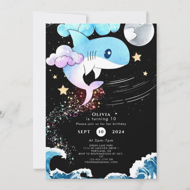 Invitación Fun Personalizado Boho Shark Cumpleaños (Anverso)