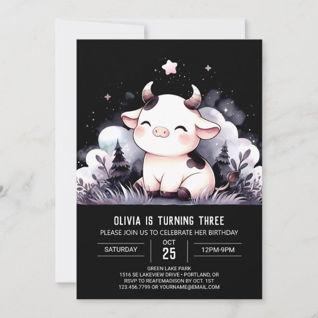 Invitación Fun Personalizado Cow Cumpleaños (Anverso)