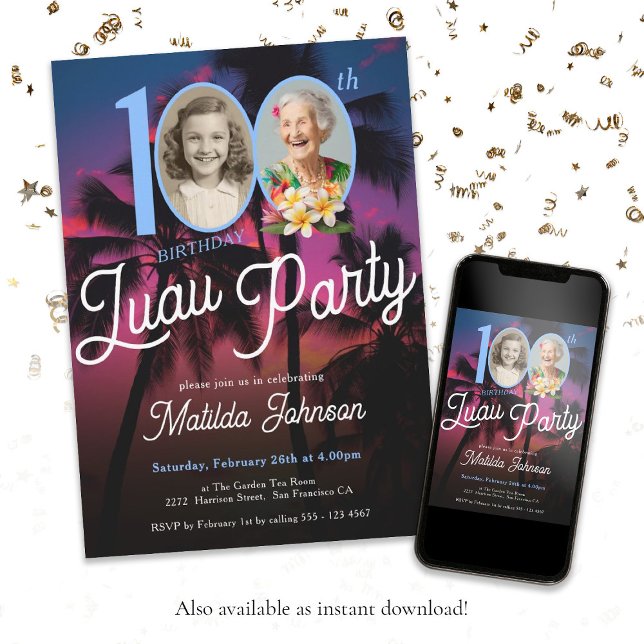 Invitación Fun Personalizado Foto Luau 100th Birthday Party (100th Birthday Luau Party Classy Fun Custom Photo Invitation)