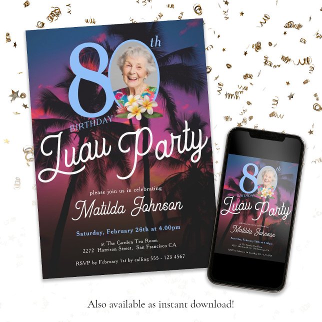 Invitación Fun Personalizado Foto Luau 80th Birthday Party (80th Birthday Luau Party Modern Fun Custom Photo Invitation)