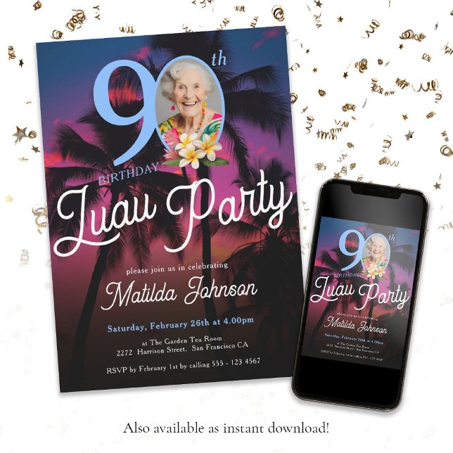 Invitación Fun Personalizado Foto Luau 90th Birthday Party (90th Birthday Luau Party Classy Fun Custom Photo Invitation)