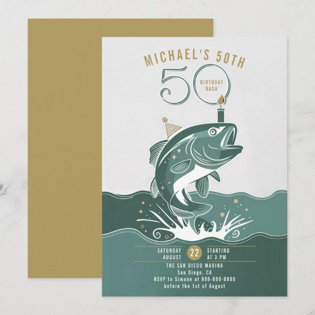 Invitación Fun pescador grande Green Men 50 cumpleaños (Anverso / Reverso)