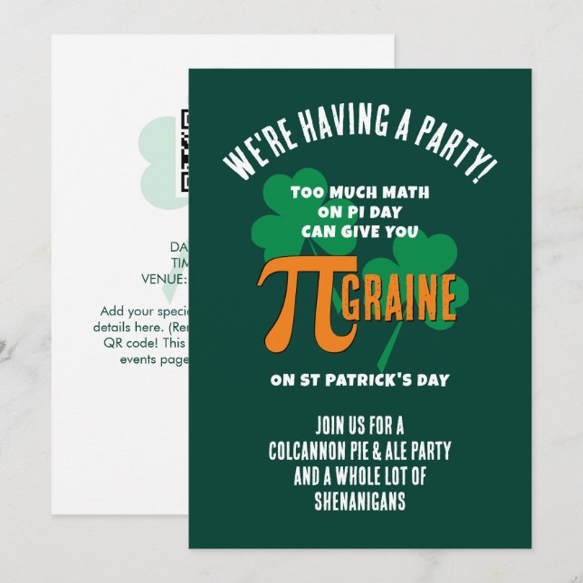 Invitación Fun Pi Day St Patricks Day QR Code Party (Anverso / Reverso)