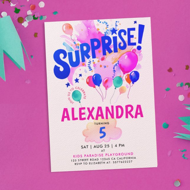 Invitación Fun Pink And Blue Surprise Baloon Kids Watercolor (Subido por el creador)
