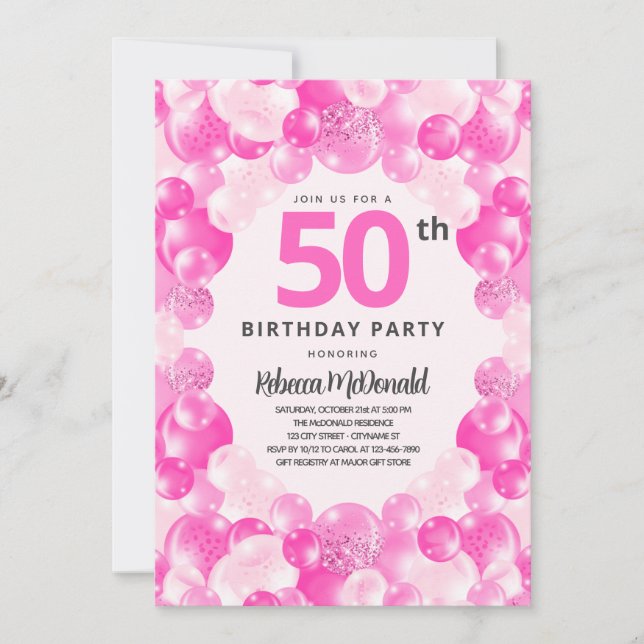 Invitación Fun Pink Balloons Faux Purpurina 50 cumpleaños (Anverso)