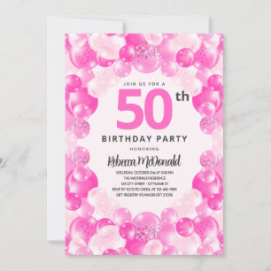 Invitación Fun Pink Balloons Faux Purpurina 50 cumpleaños