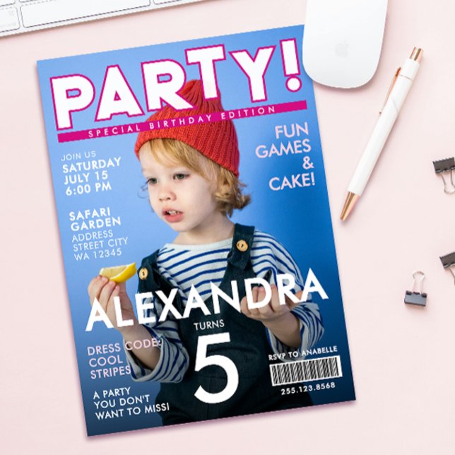Invitación Fun Pink Magazine Cover Kids Editorial News Photo (Subido por el creador)