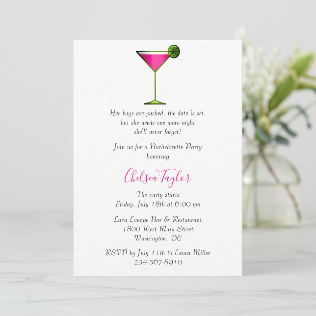 Invitación Fun Pink Martini Coctail Hour Bachelorette (Anverso de pie)