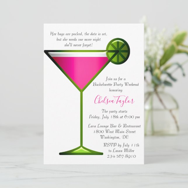 Invitación Fun Pink Martini Coctail Hour Bachelorette (Anverso de pie)