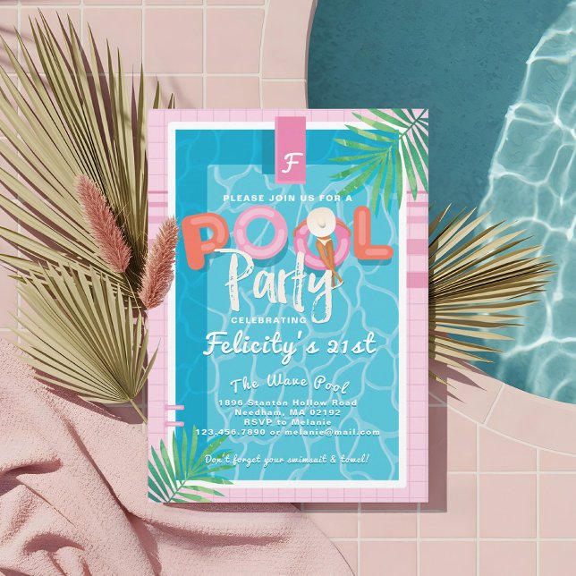 Invitación Fun Piscina Tropical Adulta Rosa Fiesta Cumpleaños (Fun Pink Tropical Palm Summer Pool Party Birthday Invitation)