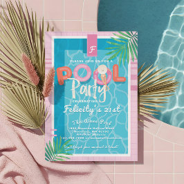 Invitación Fun Piscina Tropical Adulta Rosa Fiesta Cumpleaños