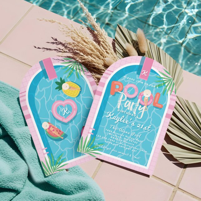 Invitación Fun Piscina Tropical Rosa Palm Fiesta Cumpleaños (Fun Pink Tropical Palm Summer Pool Party Birthday Invitation)