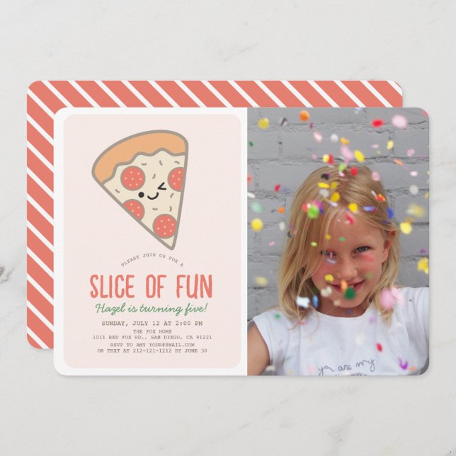 Invitación Fun Pizza Kawaii Chica de fotografía rosa Cumpleañ (Anverso / Reverso)