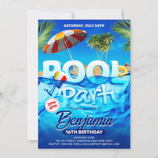 Invitación Fun Pool Fiesta Brillante Tropical Natación Cumple (Anverso)