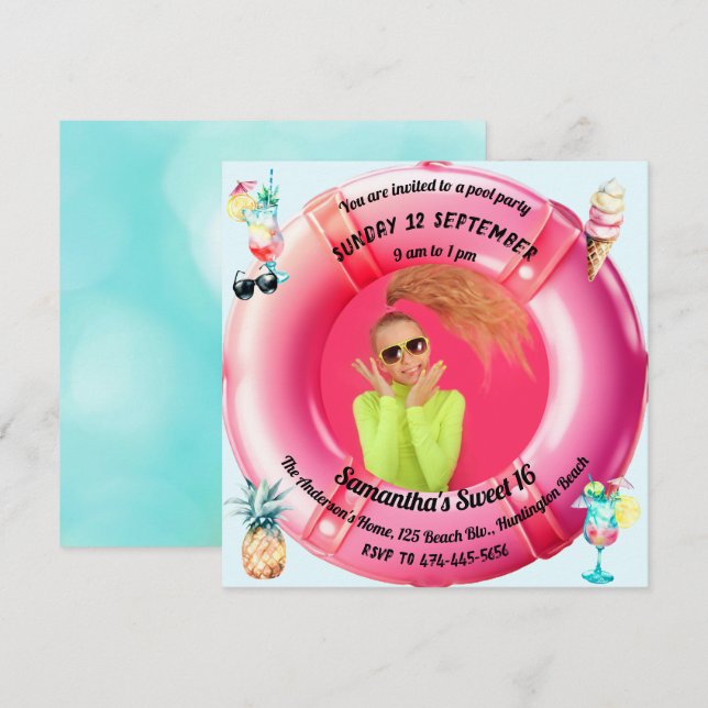 Invitación Fun Pool Fiesta Cocktails Pineapple Sweet 16 Foto (Anverso / Reverso)