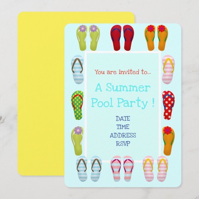 Invitación Fun Pool Fiesta coqueta y moderna chanclas (Anverso / Reverso)