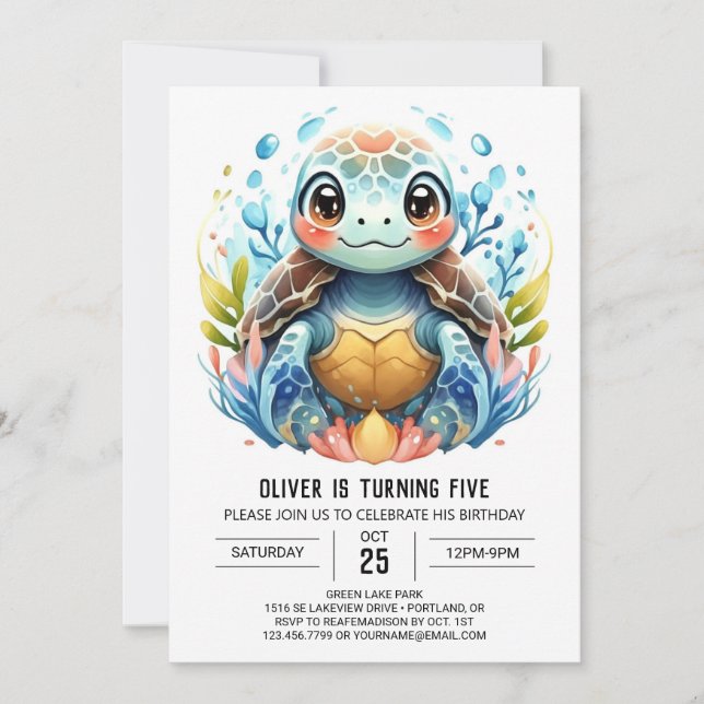 Invitación Fun Printable Blue Turtle Boy Cumpleaños (Anverso)