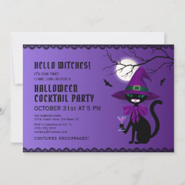 Invitación Fun Purple Black Cat Witch Gorra Moon Halloween