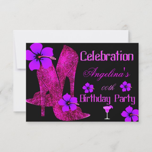 Invitación FUN Purple Pink Tropical Birday Party (Anverso)