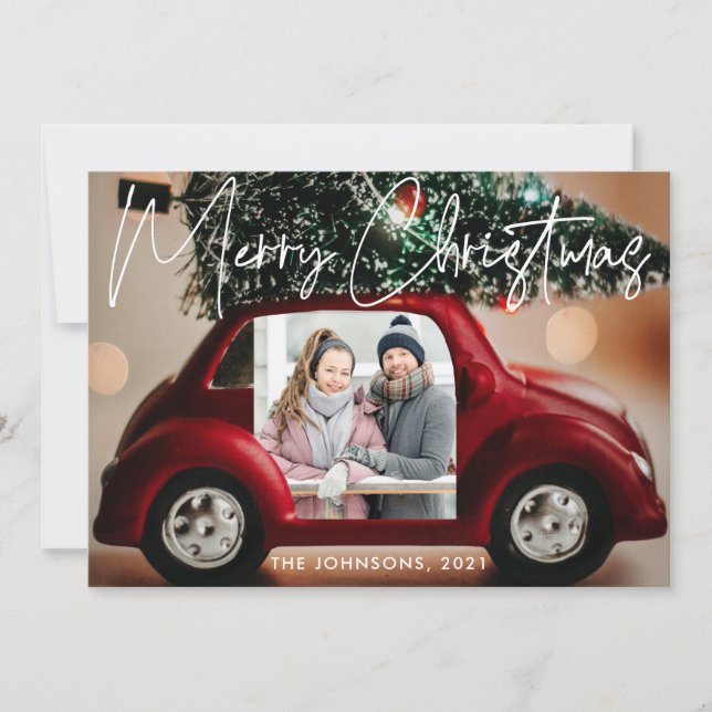 Invitación Fun Red Car Merry Christmas Photo Card (Anverso)