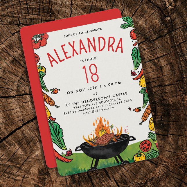 Invitación Fun Red Green Backyard Grill Steak Veggie Picnic (Subido por el creador)