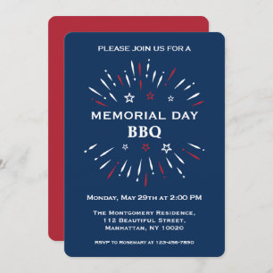 Invitación Fun Red White Blue Memorial Day BBQ Fireworks