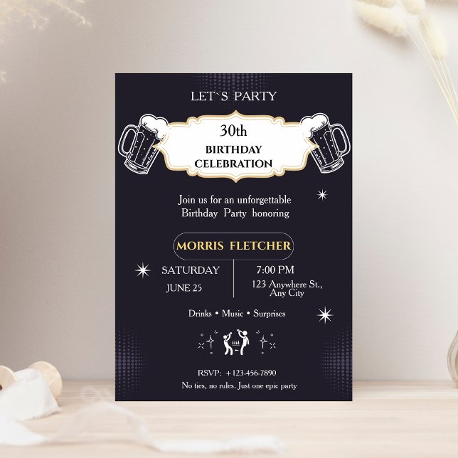 Invitación Fun Retro Black and Gold Men (Subido por el creador)