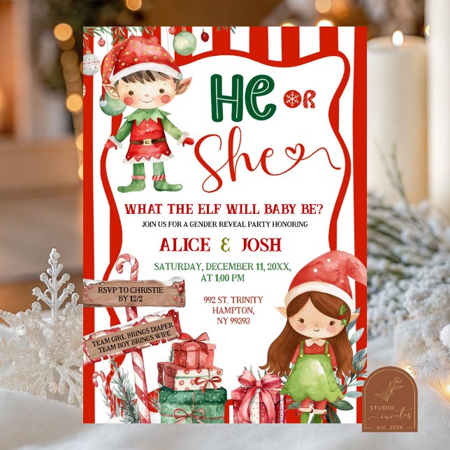 Invitación Fun Retro Christmas Elves Gender Reveal (Subido por el creador)