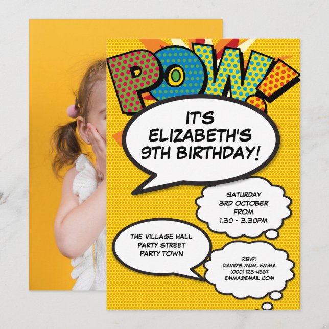 Invitación Fun Retro de historietas foto fiesta de cumpleaños (Anverso / Reverso)