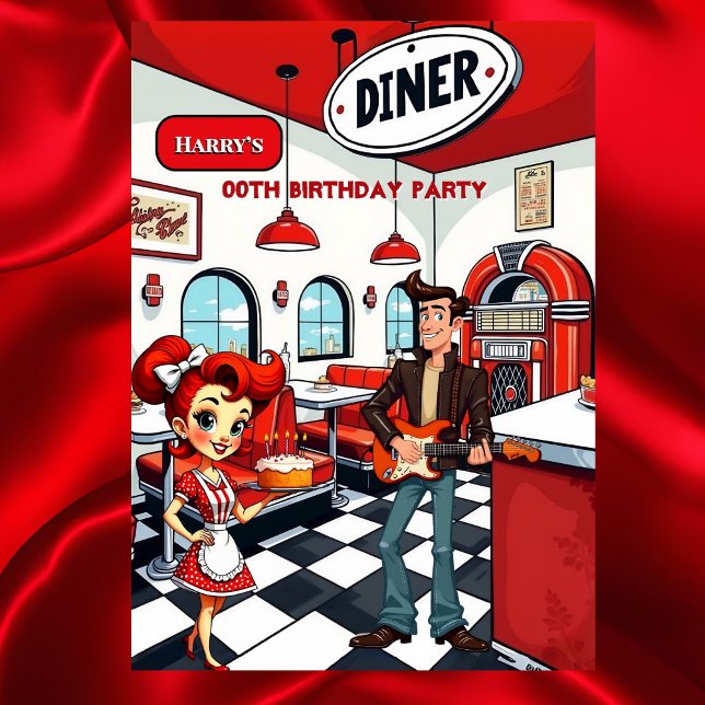 Invitación Fun Retro Diner Birthday Party Red White Rocker (Subido por el creador)
