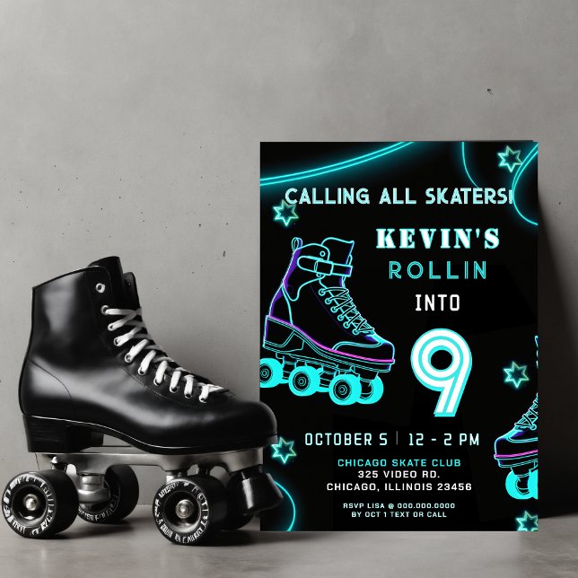 Invitación Fun retro Neon Glow Roller Skate Cumpleaños (Retro Fun Neon Glow Roller Skate Birthday Invitation)